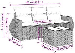 4 pcs conjunto sofás de jardim c/ almofadões vime PE cinzento