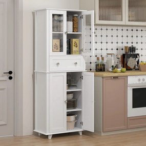 Armário de Cozinha Móvel Auxiliar de Cozinha com 2 Portas de Vidro Gaveta e Prateleiras Ajustáveis 61x35x168,5 cm Branco