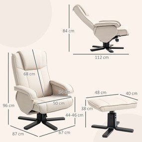 Poltrona Relax Reclinável com Apoio para os Pés Poltrona Giratória Estofada em Linho e Função Baloiço 67x87x96 cm Bege