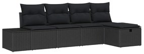 Conjunto de Sofá de Jardim de 5 peças com Almofadas Preto Vime PE