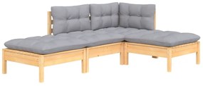 4 pcs conjunto lounge de jardim + almofadões cinza pinho maciço