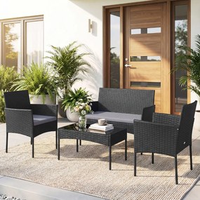 Conjunto de jardim em rattan de 4 peças, com 2 poltronas, sofá de 2 lugares, mesa auxiliar e almofadas de espuma, para alpendre, pátio ou terraço, Pre