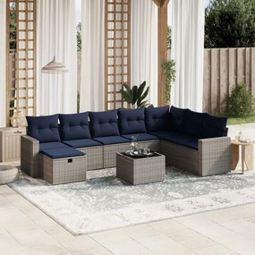 vidaXL 9 pcs conjunto sofás p/ jardim c/ almofadões vime PE cinzento