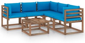 6 pcs conjunto lounge c/ almofadões azul-claro pinho impregnado