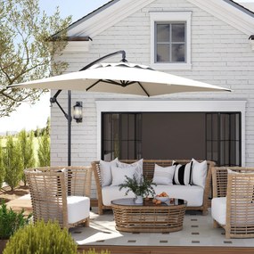 Guarda-sol retangular 294 x 193 x 250 cm de exterior com haste lateral, manivela e 6 varas de aço, proteção UV, creme