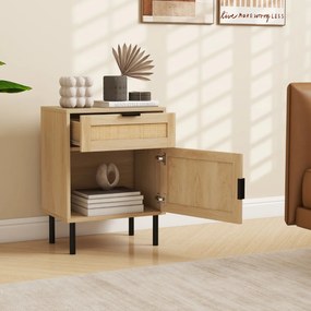Conjunto de 2 mesas de cabeceira em rattan com gaveta e armário, pés metálicos, estilo moderno, 45 x 30 x 59 cm Natural