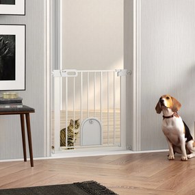 Barreira de segurança para animais com porta de fecho automático e sistema de duplo bloqueio, em aço branco