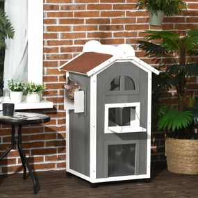Casa para Gatos de Madeira 59x55x109 cm Abrigo para Gatos de 3 Níveis com Telhado Asfáltico Plataformas Escada e Varanda Cinza