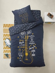 Agora -15%: Conjunto capa de edredon + fronha de almofada, tema Rock Star azul escuro liso com motivo