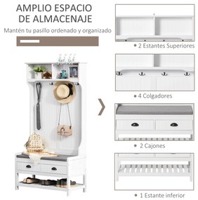 HOMCOM Cabide Sapateira com banco 4 ganchos 2 compartimentos abertos 2 gavetas removíveis e prateleira inferior moderna para corredor entrada 87x42x172 cm Branco