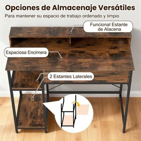 Secretária para computador 106 x 48 x 90 cm com tomadas com armário superior, gaveta e 2 prateleiras abertas Estrutura Castanha