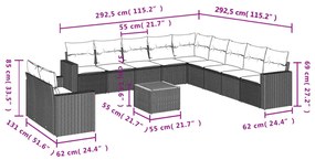 12 pcs conjunto de sofás p/ jardim com almofadões vime PE bege