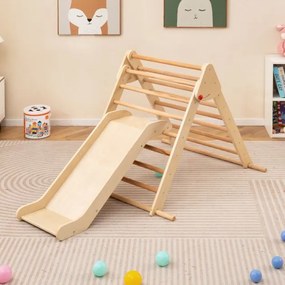 Conjunto de escalada triangular dobrável com escorrega para crianças e barras de madeira de faia Ginásio de interior Natural