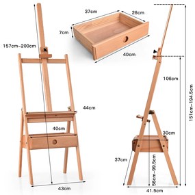 Cavalete de desenho Tripé com gaveta em madeira 100% faia para telas até 92 cm para estudantes e adultos 44 x 41,5 x 151-194,5 cm