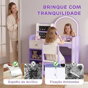 Penteadeira de Maquilhagem para Menina com Espelho LED de 2 Cores, Banco, Suportes para Joias, Gaveta e Compartimentos, Roxo