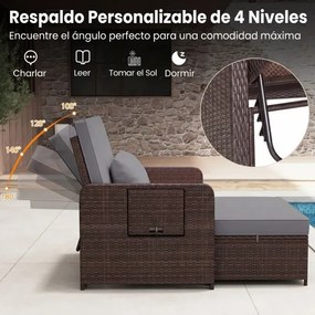 Cama de jardim ou conjunto de sofá de rattan para jardim, 2 peças, com pufe com espaço de arrumação, encosto ajustável e mesas dobráveis, cinzento
