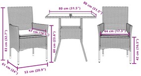 3 pcs conjunto jantar jardim com almofadões vime PE/vidro bege