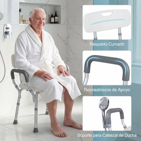 Cadeira de duche para idosos com altura ajustável em 6 níveis, assento antiderrapante, encosto curvo, braços almofadados e estrutura em alumínio branc