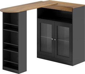HOMCOM Mesa de Bar Extensível e Giratória 360° com Prateleiras Abertas e 2 Portas de Vidro 150x80x105,5 cm Preto e Madeira | Aosom Portugal