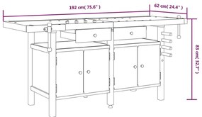 Bancada de trabalho + gavetas/tornos 192x62x83 cm acácia maciça