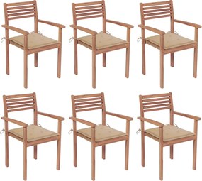 vidaXL Cadeiras de jardim empilháveis c/ almofadões 6 pcs teca maciça