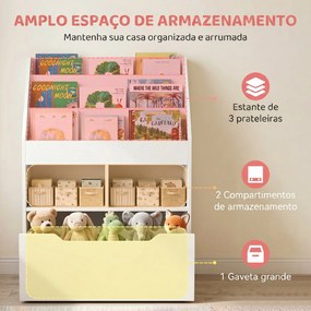 Estante de Madeira para Brinquedos com 3 Compartimentos 2 Cubos e Gaveta Móvel com 4 Rodas Estante para Livros Infantil para Dormitório Infantil Sala
