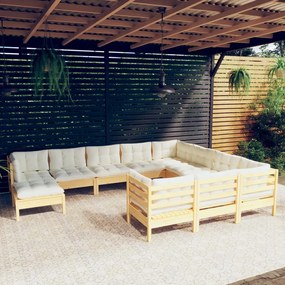 vidaXL 11 pcs conjunto lounge de jardim c/ almofadões cor creme pinho