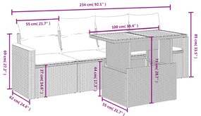 5 pcs conjunto sofás de jardim c/ almofadões vime PE cinzento