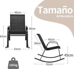 Conjunto de 2 cadeiras de baloiço para jardim Assento ergonómico em textilene Baloiço suave Carga até 150 kg 91 x 62 x 86 cm Preto