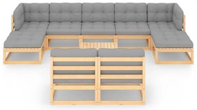 10 pcs conjunto lounge de jardim c/ almofadões pinho maciço