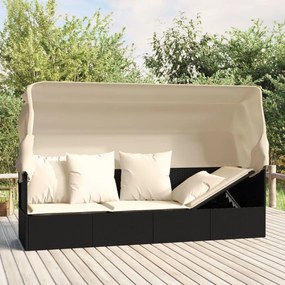 vidaXL Sofá lounge de exterior c/ toldo e almofadões vime PE preto