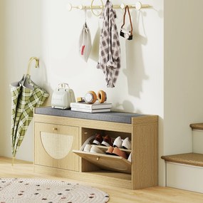 HOMCOM Banco Sapateira com Assento Acolchoado Portas em Vime Prateleira Ajustável para 8 Pares de Sapatos 104,5x24x48 cm Madeira