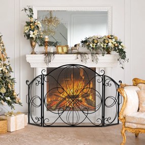 Protetor frontal para lareira de 3 painéis com padrão floral e resistente para lareira em metal para sala de estar 151 x 83 cm Preto