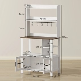 Armário de Cozinha Alto Móvel Auxiliar de Cozinha com 6 Ganchos para Chávenas 2 Portas de Vidro Prateleiras Abertas  80x40x152 cm Branco