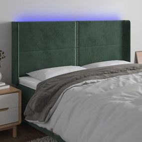 Cabeceira de cama c/ LED veludo 183x16x118/128 cm verde-escuro