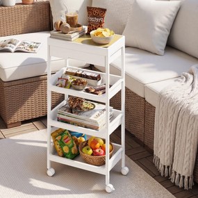 Carrinho cozinha com gaveta 25,5 x 41 x 91 cm, carrinho de cozinha com 4 prateleiras, tampo superior amovível branco com acabamento em carvalho