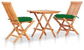 vidaXL Conjunto bistrô c/ almofadões verdes 3 pcs teca maciça