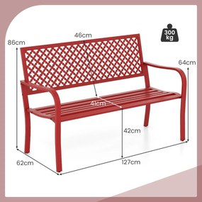 Banco de jardim 127 cm  de metal para 2 pessoas com costas ocas  Assento com ripas Braços para varanda Vermelho