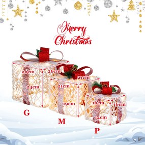 Conjunto de 3 caixas de presente de Natal alimentadas a pilhas com 60 luzes de fita vermelha com temporizador Decoração de Natal para interior e exter