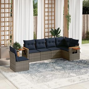 6 pcs conjunto sofás p/ jardim c/ almofadões vime PE cinzento