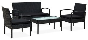 vidaXL 4 pcs conjunto lounge de jardim c/ almofadões vime PE preto