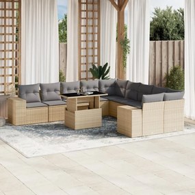 11 pcs conjunto sofás de jardim c/ almofadões vime PE bege