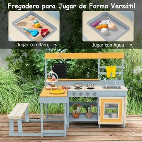 Cozinha de brincar com mesa de piquenique para crianças em madeira de abeto com banco de ardósia, lava-loiça e acessórios para o pátio ou jardim Multi