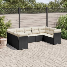 9 pcs conjunto de sofás p/ jardim c/ almofadões vime PE preto