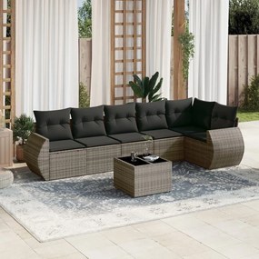 7 pcs conjunto sofás p/ jardim c/ almofadões vime PE cinzento