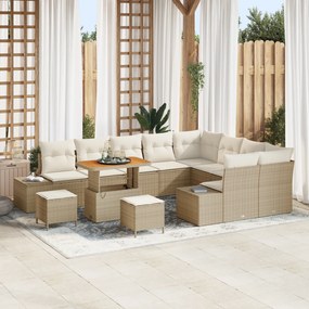 Conjunto de Sofá de Jardim 12 Peças com Almofadas Bege Rattan Poliéster Acácia