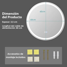 Espelho redondo LED de casa de banho de parede Função anti-embaciamento Cor ajustável Temperatura ajustável Interruptor tátil 60 x 60 cm