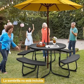 Conjunto de jardim para 8 pessoas com mesa e 4 bancos, orifício para guarda-sol e mesa de campismo redonda para piquenique no jardim Carga 225 kg Pret