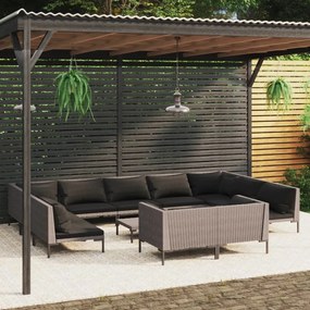 vidaXL 12pcs conj. lounge jardim c/ almofadões vime PE cinzento-escuro