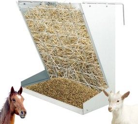 Comedouro de Feno para Animais, 71 x 32,5 x 68 cm, Com Bandeja para Cereais, Prata